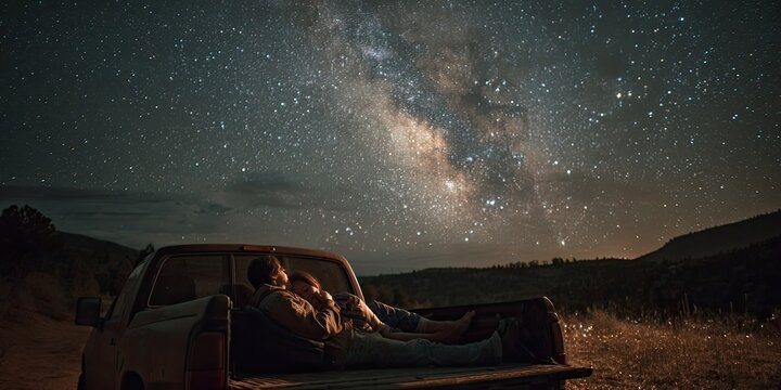 Photo of Couple laying in truck bed under stars 