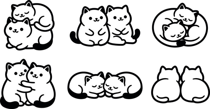 Cute black and white line art of six pairs of cats in different affectionate poses