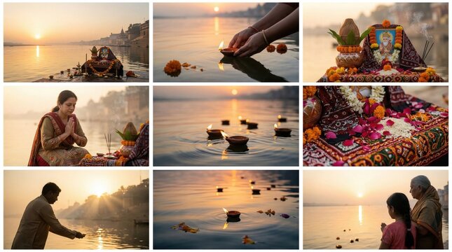 Cheti Chand festival celebration at riverside with traditional decorations, worshippers, and floating lamps during sunrise in India