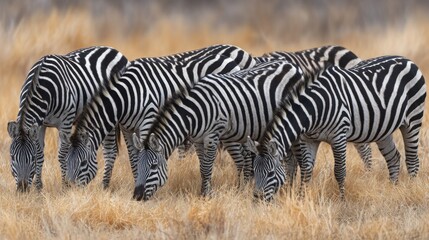 Obraz premium A striking herd of zebras with distinct black and white stripes grazing in a dry grassland savanna.