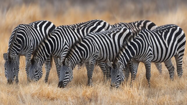 A striking herd of zebras with distinct black and white stripes grazing in a dry grassland savanna.