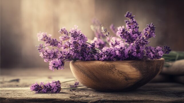 Fragrant purple lavender sprigs artfully arranged in a rustic wooden bowl, evoking a sense of calm and natural beauty.