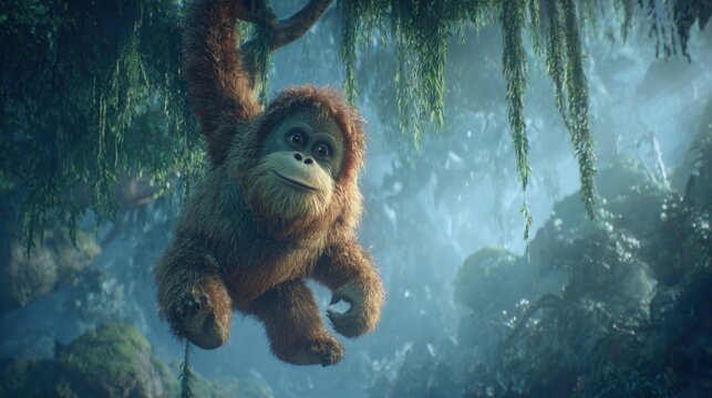 Intelligent young orangutan swinging through lush rainforest canopy