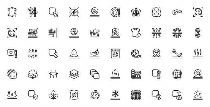 Fabric Features icon set. Vector material collection. Includes leather, bamboo, cork, cotton, silk, wool, waterproof, breathable, eco-friendly and more. Editable stroke.
