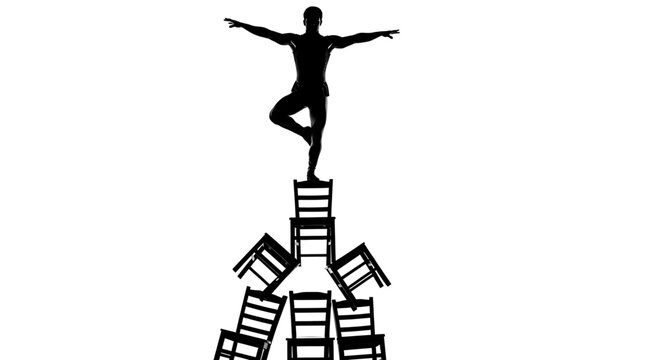 A black silhouette of a man balancing on one leg on top of a precarious stack of chairs