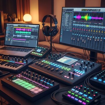 Music Production Studio Setup with Laptop and Mixing Console.