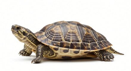 Obraz premium A turtle with a brown and yellow shell walks slowly on a surface.
