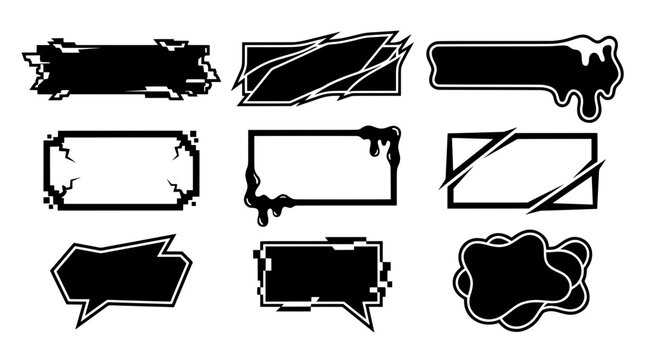 Set of modern black text boxes and glitch banners for design. Includes pixelated edges, melting acid liquid drips, slashed lines, and fluid blobs