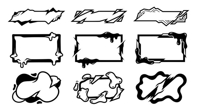 Set of modern blank vector text boxes and frames. Design elements include melting liquid slime drips, sharp jagged borders, and slashed fluid blobs
