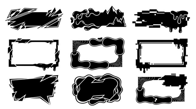 Set of modern black and white text box frames. Includes abstract liquid drips, shattered glass, glitch pixels, and mountain borders for graphic design