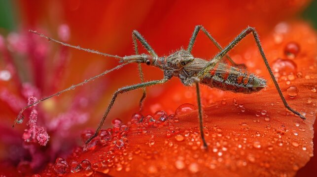 Assassin bug with extended proboscis poised to strike on a dew-covered red petal