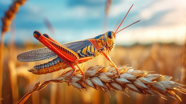 Detailed macro photograph of a grasshopper with powerful hind legs poised on a wheat stalk during a golden sunset