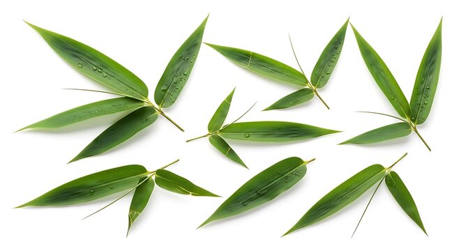 Fresh bamboo leaves with water droplets isolated on white background, group of green foliage.
