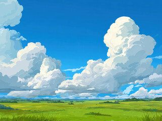 Fototapeta premium Vibrant landscape featuring bright blue sky adorned with fluffy white clouds above lush green grassland. scene evokes sense of tranquility and natural beauty, perfect for relaxation