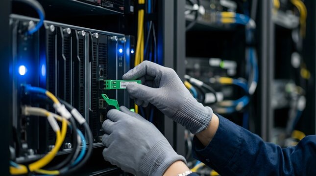 Professional technician in gloves installing a hardware module in a data center server rack