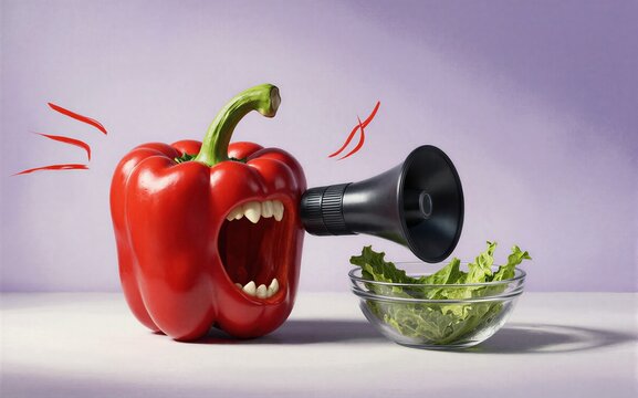 Red pepper with megaphone shouts lettuce in bowl nearby.