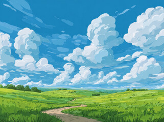 Fototapeta premium Vibrant cartoon vector style landscape showcases lush green field bright blue sky filled with fluffy white clouds. scene evokes sense of tranquility and natural beauty, inviting viewers to explore