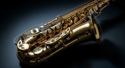Obraz premium A close-up centered shot of a polished brass saxophone featuring dynamic motion blur against a moody dark backdrop with cinematic shadows, dark, metal, shining