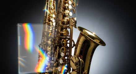 Obraz premium A golden saxophone glows under cinematic lights, captured through prism glass with artistic motion blur and vibrant rainbow refractions, rhythm, artistic, wind instrument