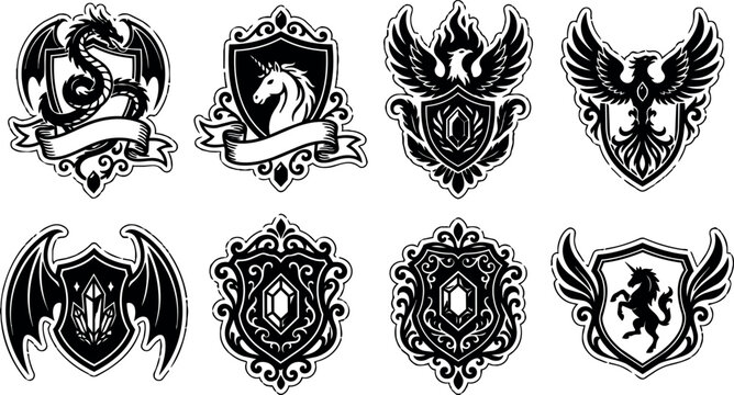 Black and white heraldic shields with dragon unicorn phoenix and crystal emblems