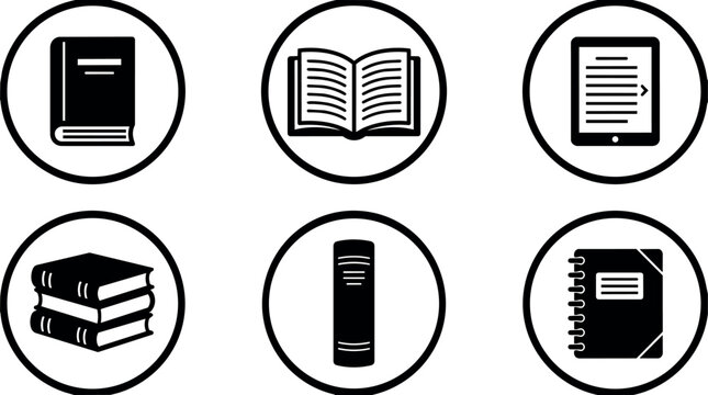 Black and white book icons set with stack open notebook and ebook