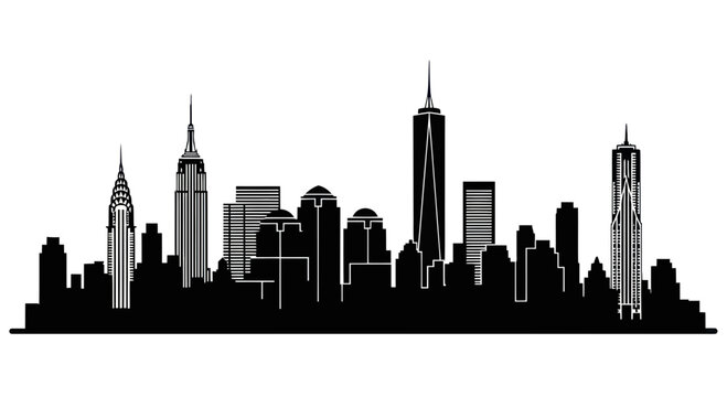 New York City Skyline Silhouette - Iconic Buildings Black and White