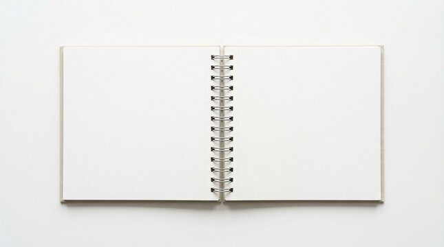 An open blank spiral-bound notebook with clean white pages on a bright white background, ready for creative writing, sketching, or note-taking