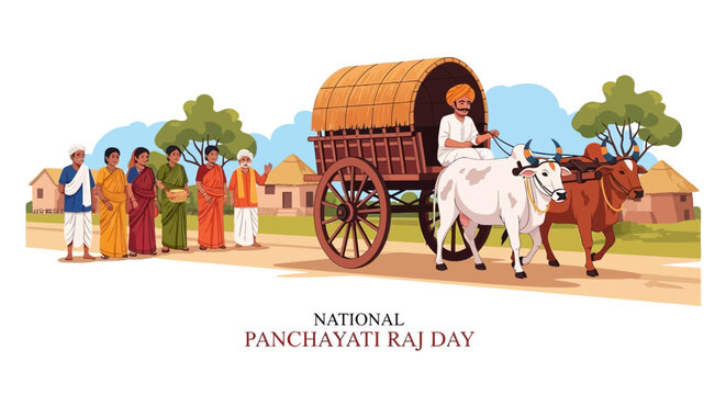 A vibrant vector illustration depicts National Panchayati Raj Day, showcasing a rural governance system with villagers walking alongside a bullock cart against a backdrop of traditional