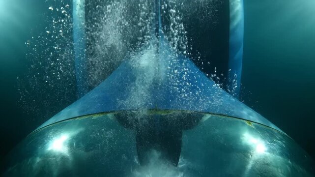 Air bubble rising around submerged boat propeller shaft creating dramatic underwater motion and light with bow wave propeller wash hull