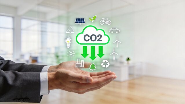 Businessman hands holding virtual CO2 cloud with green energy icons for carbon footprint reduction and sustainability in modern office environment
