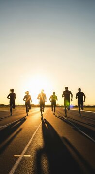 Back perspective of athletic forms racing toward a sunset horizon on a paved track, featuring lens flares, long shadows, and golden light, atmosphere, glowing, health