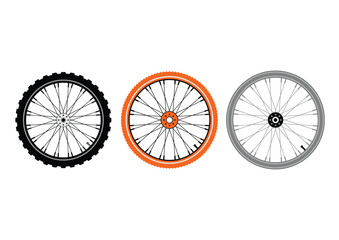 Naklejka premium Set of Three Motorcycle or Bicycle Spoke Wheels and Tires Vector Illustration Isolated on White Background for Automotive Workshop, Custom Garage, and Repair Service Design