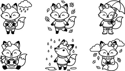 Fototapeta premium Cute fox character in sweater holding cup umbrella and playing with autumn leaves line art
