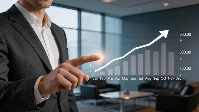 Businessman touching virtual growth chart in modern office financial success concept upward trend data analysis corporate strategy investment planning economic development
