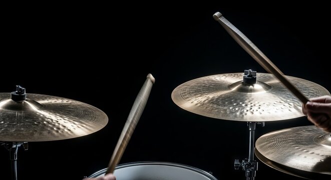 Dynamic musical energy featuring blurred drumsticks hitting metallic cymbals with rapid motion against a solid dark isolated background, instrument, cymbal, speed