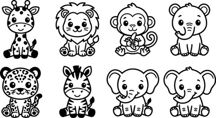 Obraz premium Cute black and white cartoon animals vector art set with lion monkey elephant giraffe and zebra