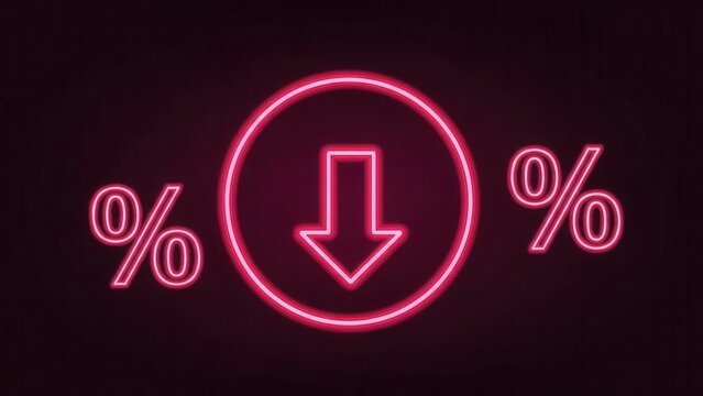 Vibrant neon down arrow and percentage signs glowing on a dark background indicating a significant