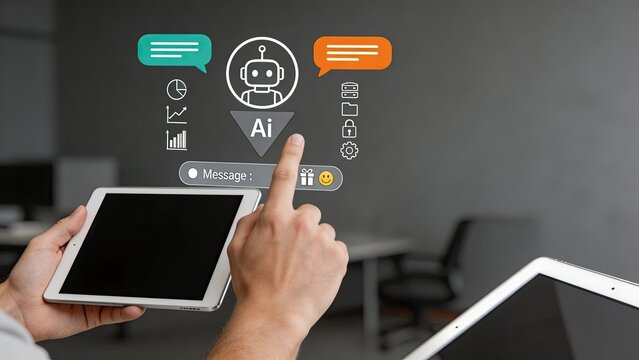 Businessman interacting with artificial intelligence chatbot virtual assistant digital interface technology concept innovation automation communication data analysis modern