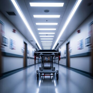 High-speed motion blur of an empty gurney rushing down a bright hospital corridor with streaks of overhead lights and clinical wall details, dynamic, sterile, emergency