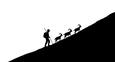 Obraz premium A minimalist vector illustration of a shepherd guiding goats up a hill in a simple black silhouette against a white background