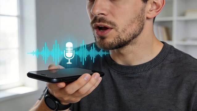 Man using smartphone with voice assistant speaking into digital microphone with sound wave modern technology home office smart device virtual help AI audio communication online
