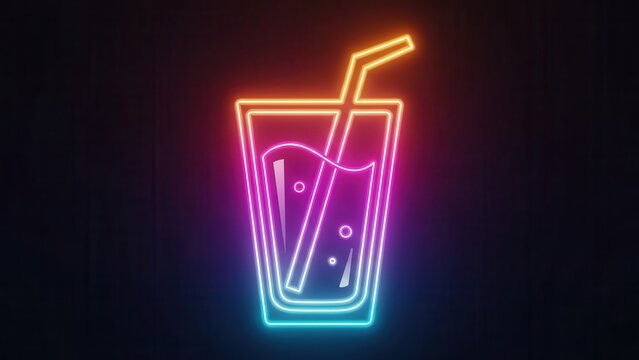 Energetic neon beverage glass with straw, showcasing a spectrum of glowing light on a black