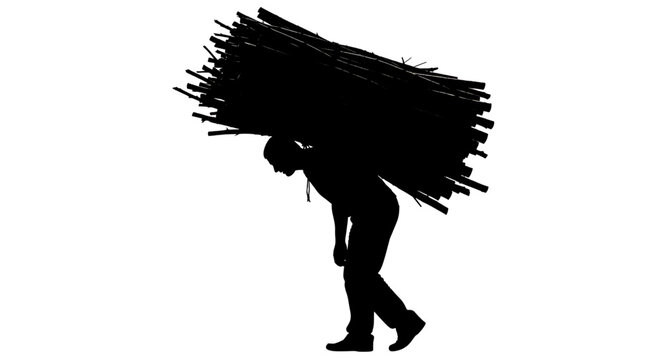 A silhouette of a man carrying a large bundle of sticks on his back