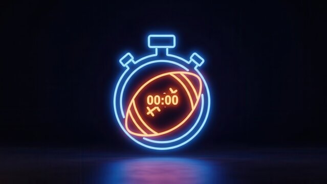 Dynamic neon stopwatch icon with glowing american football symbol displaying game time