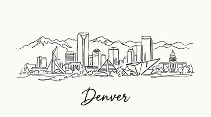 Obraz premium Minimalistic Line Drawing of Denver Skyline with Mountains in the Background for Urban Landscape Art