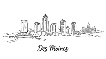 Obraz premium Minimalist Line Art Illustration of Des Moines City Skyline Highlighting Iconic Buildings and Urban Landscape with Clean Design