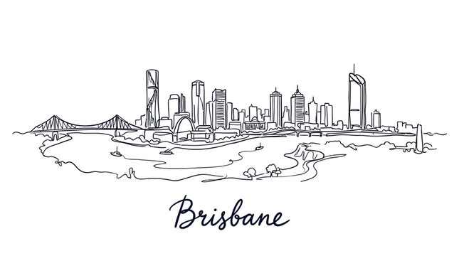 Minimalist black and white skyline sketch of Brisbane cityscape showcasing iconic buildings and Brisbane River riverbanks with a