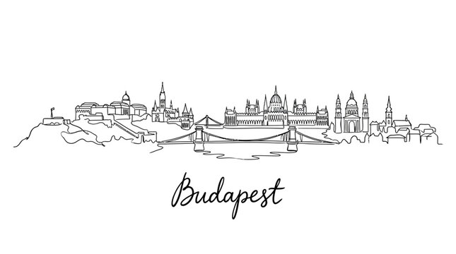 Minimalist Line Drawing of Budapest Skyline Featuring Historic Landmarks and the Danube River