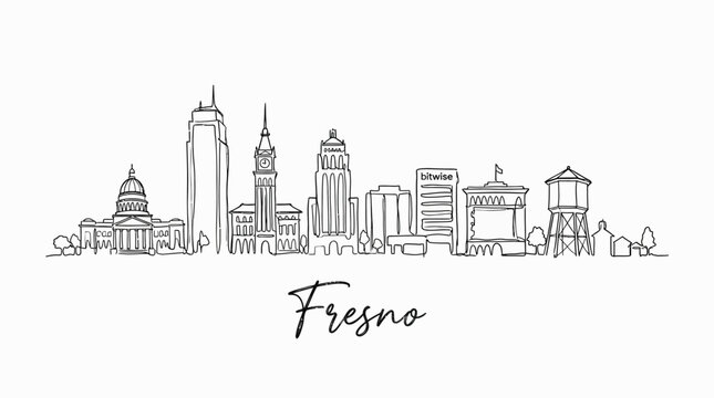Stylized minimalist black and white line art depiction of Fresno city skyline featuring iconic buildings and local landmarks