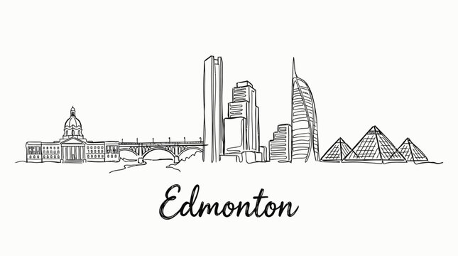 Minimalist Line Drawing of Edmonton City Skyline Featuring Landmarks and Urban Architecture